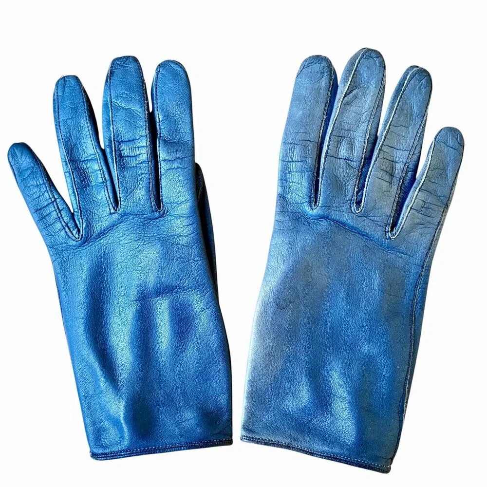 Vintage 70's Blue Leather Gloves Button Womens 7 DAMAGED